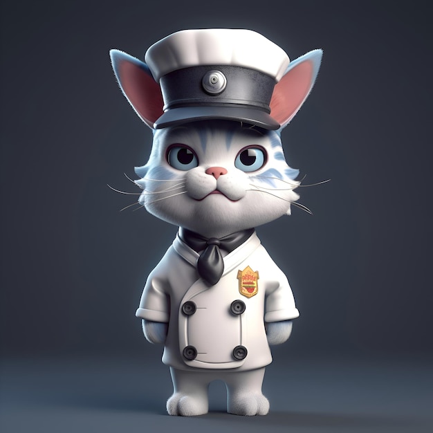 Personaggio di cartone animato di un gatto come ufficiale di polizia 3d render