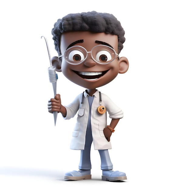 Personaggio di cartone animato di un medico con stetoscopio e siringa