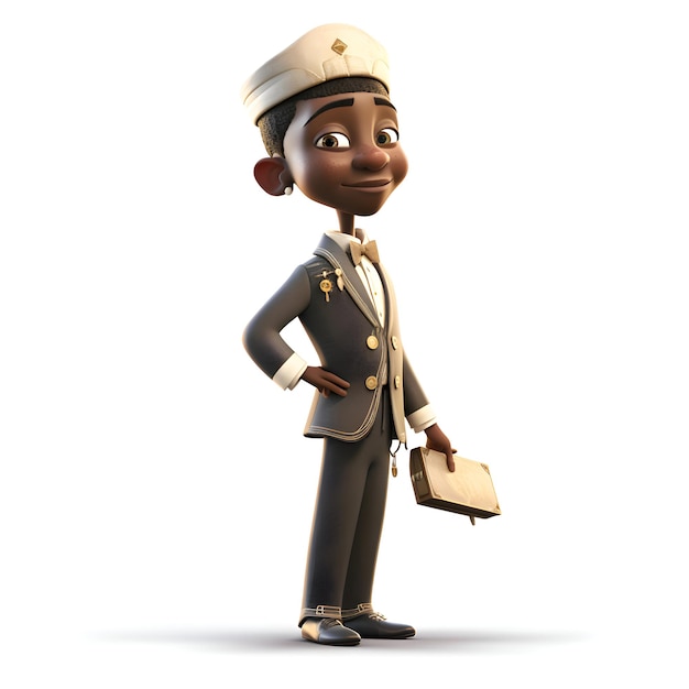 Personaggio di cartone animato di un ragazzo che indossa un berretto da marinaio con una borsa