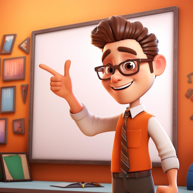 Personaggio di cartone animato di un uomo in una classe che indica una lavagna