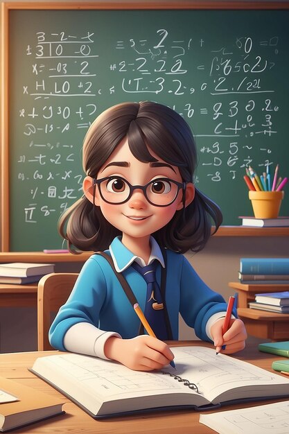 Personaggio di cartone animato Full Shot Ragazza che impara matematica a scuola