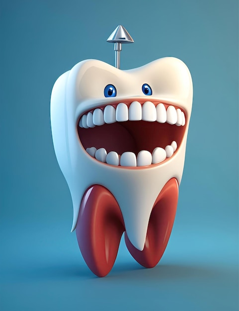 Personaggio di cartone animato Happy Tooth Concept di pulizia e sbiancamento dei denti