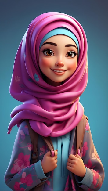 Personaggio di cartone animato Hijab con un'espressione allegra colori vivaci postura dinamica occhi espressivi