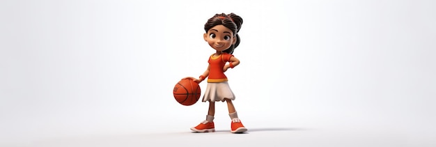 Personaggio di cartone animato in stile pixar banner copia lo spazio sullo sfondo Figura animata carina in piedi con una palla che gioca a basket