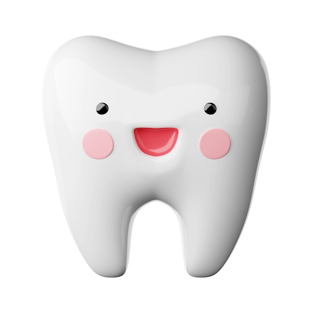 Personaggio di denti bianchi carino in stile cartone animato sorridente brillantemente isolato su sfondo bianco rendering 3d
