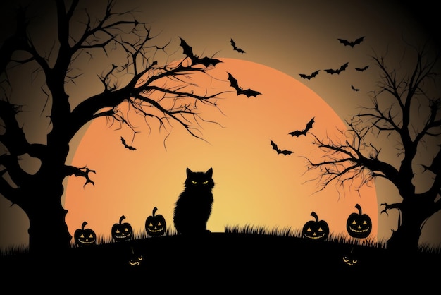 Personaggio di gatto nero carino in sfondo di Halloween felice spazio di copia