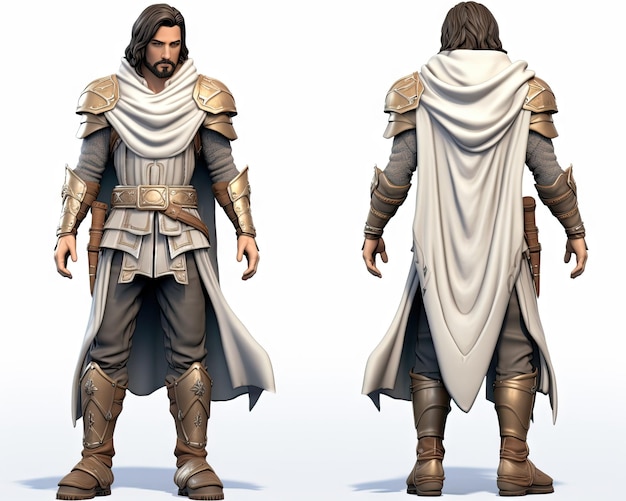 Personaggio di gioco 3D medievale zelda npc assassins creed charactrer su sfondo bianco game design