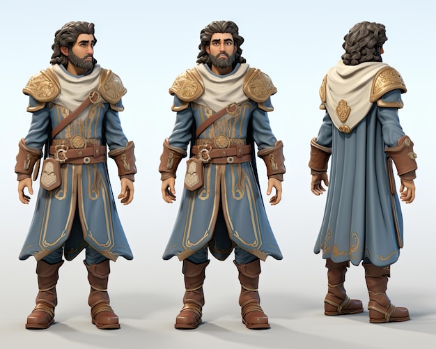 Personaggio di gioco 3D medievale zelda npc assassins creed charactrer su sfondo bianco game design