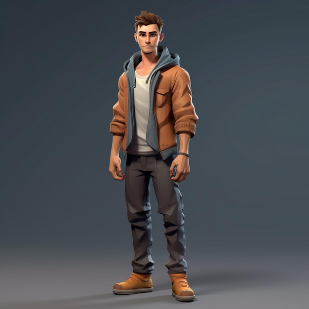Personaggio di gioco maschile realistico in giacca marrone e jeans