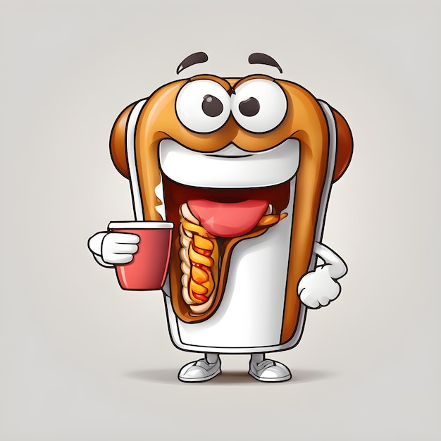 personaggio di hotdog che tiene in mano una tazza di caffè faccia felice