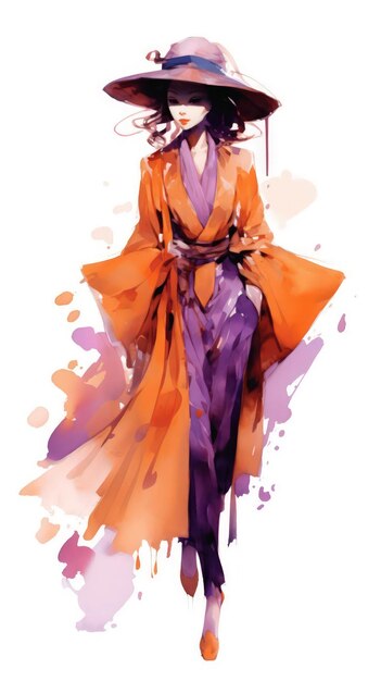 Personaggio di moda in Happy Orange ed Exstatic Purple generato dall'AI