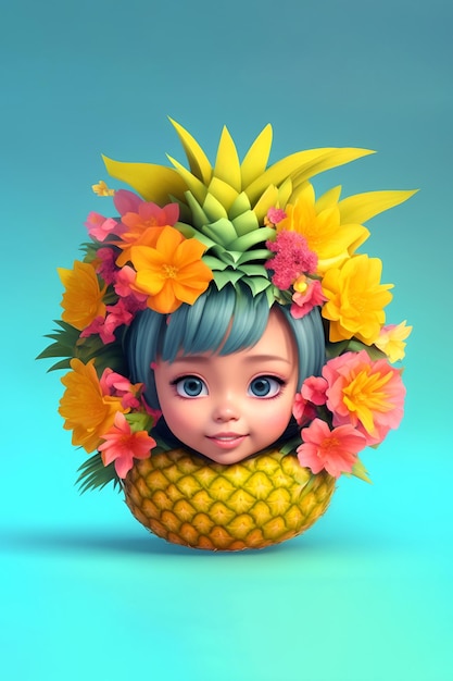 Personaggio di ragazza carina progettato con fiori rotondi e cornice di frutta