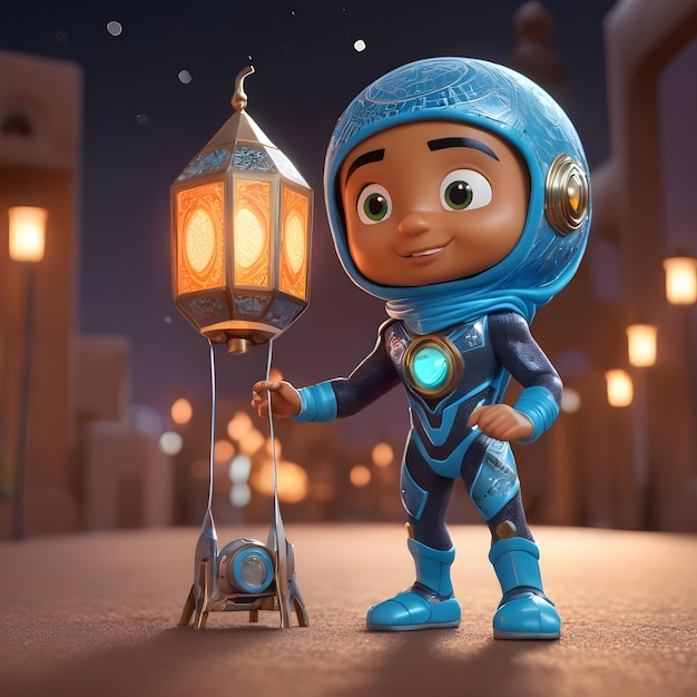Personaggio di supereroe arabi in cartone animato 3D e lanterna del Ramadan