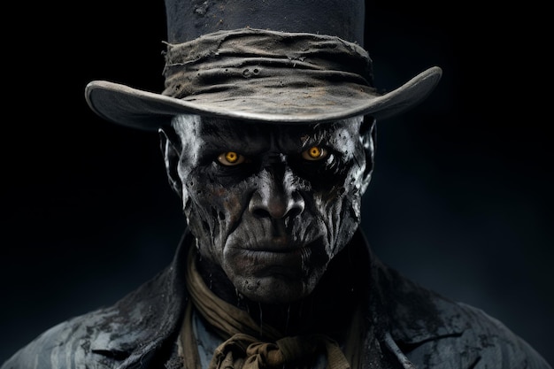 Personaggio di un film horror maschile con una faccia oscura spaventosa con gli occhi gialli che indossa un cappello alto