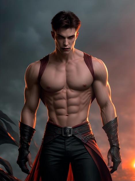 Personaggio di un vampiro muscoloso su uno sfondo epico
