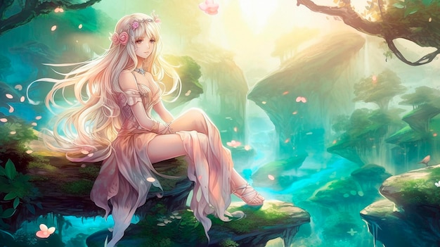Personaggio femminile elfo anime sullo sfondo del fiume della foresta