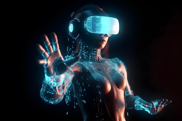 Personaggio femminile realistico 3d con futuristici occhiali VR e auricolare copia spazio metaverse concetto tecnologia videogioco e realtà virtuale rendering 3d Generativo Ai