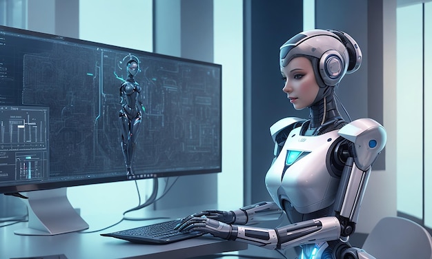 Personaggio futuristico di robot femminile robot AI che utilizza la risorsa ufficio futuristica del computer