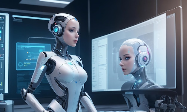 Personaggio futuristico di robot femminile robot AI che utilizza la risorsa ufficio futuristica del computer