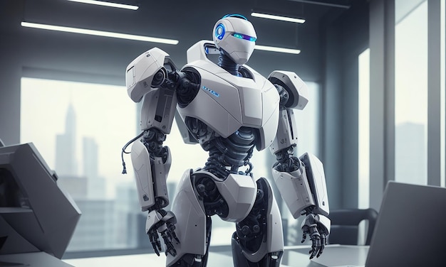 Personaggio futuristico di robot maschile di robot AI che utilizza risorse di ufficio futuristiche del computer
