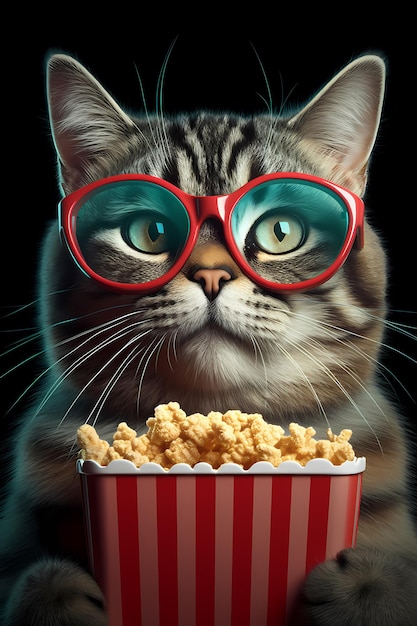 personaggio gatto con gli occhiali Mangia popcorn AI generato