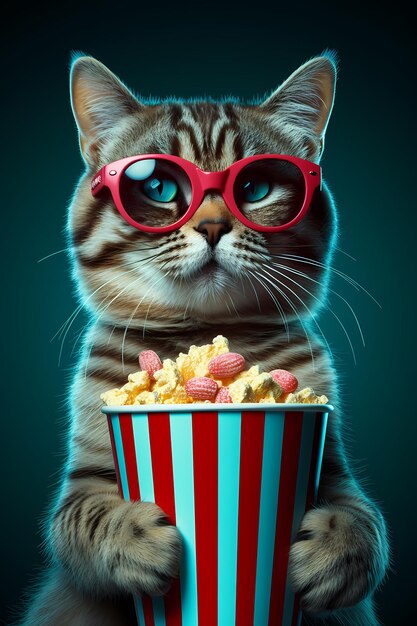 personaggio gatto con gli occhiali Mangia popcorn AI generato