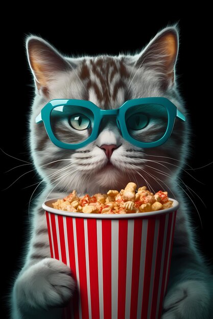 personaggio gatto con gli occhiali Mangia popcorn AI generato
