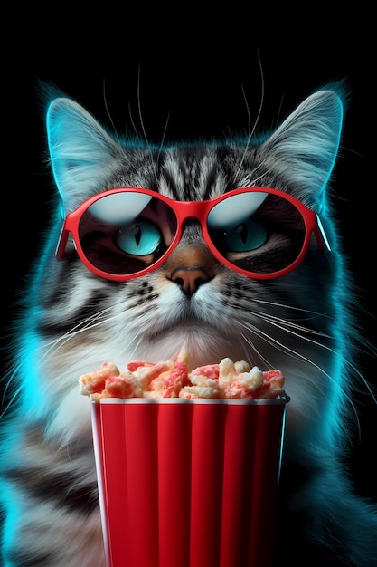 personaggio gatto con gli occhiali Mangia popcorn AI generato