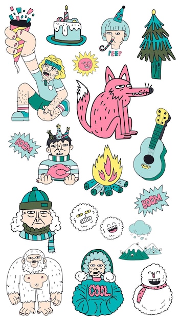 Personaggio invernale disegnato a mano elemento png set sfondo trasparente