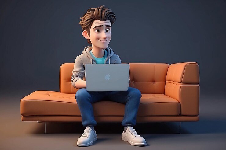 Personaggio maschile 3d seduto su un divano e che lavora su un computer portatile