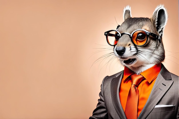 Personaggio scoiattolo antropomorfo in tailleur e occhiali su uno sfondo colorato