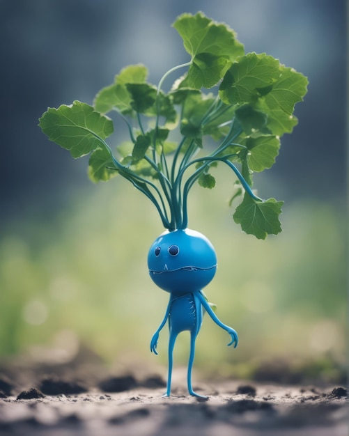 Personaggio vegetale blu sorridente con foglie verdi isolate su sfondo grigio illustrazione 3D generata da AI