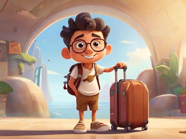 Personaggio viaggiatore 3D sdraiato sulla valigia Personaggio in stile cartone animato in viaggio