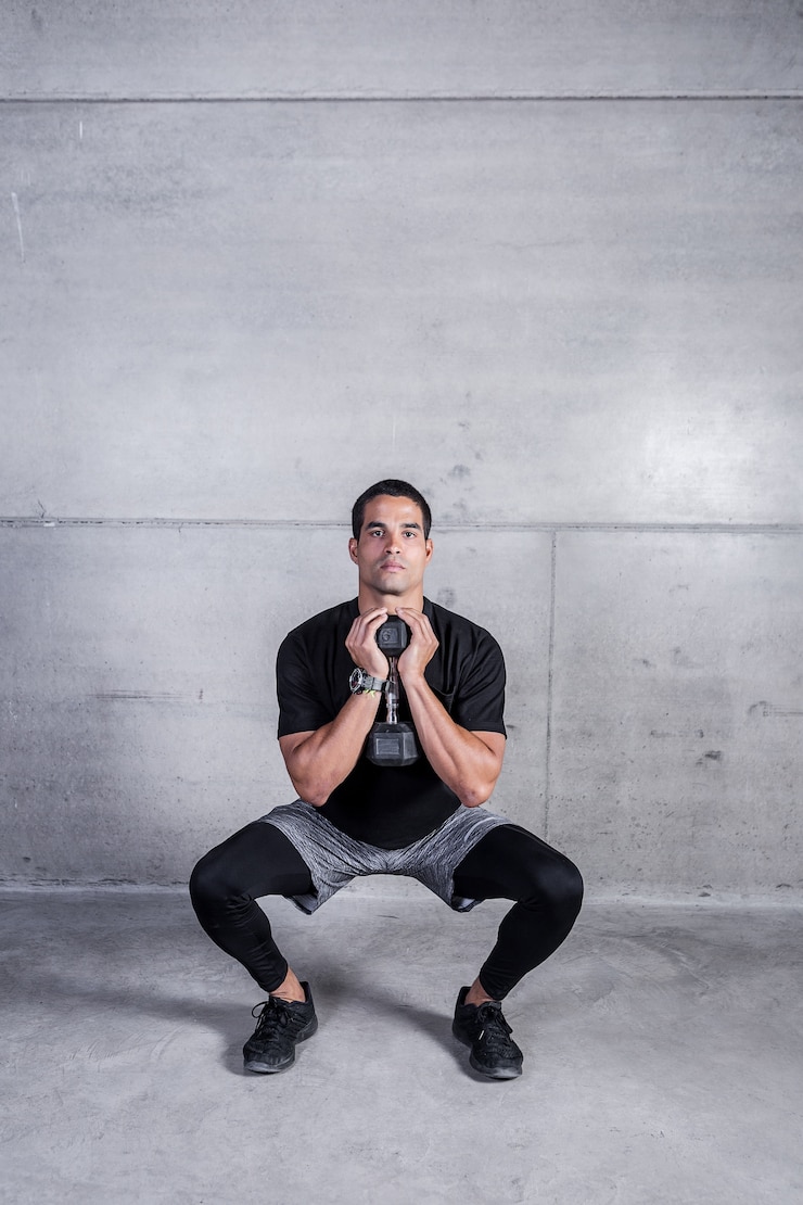 Foto personal trainer facendo squat con manubri