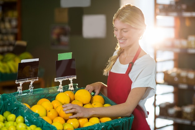 Personale femminile che controlla frutti nella sezione organica