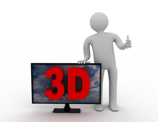 Persone 3d - uomo, persona con un monitor. illustrazione resa