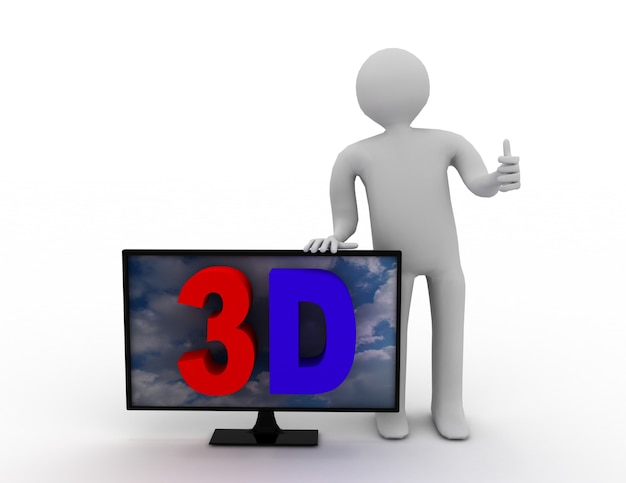 Persone 3d - uomo, persona con un monitor. illustrazione resa