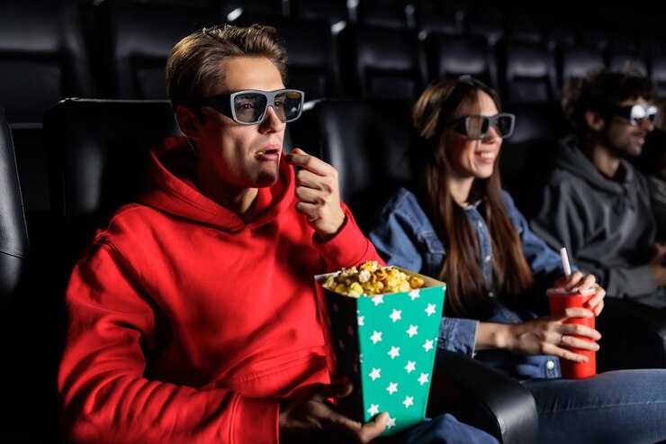 Persone al cinema Ritratto di un uomo che mangia popcorn cinema 3D