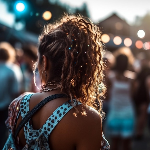 Persone al festival musicale in estate vista posteriore ragazza alla luce del giorno grande gruppo alla festa con dj estate vita notturna discoteca fuori divertimento intrattenimento giovanile concetto festivo Vista posteriore femminile