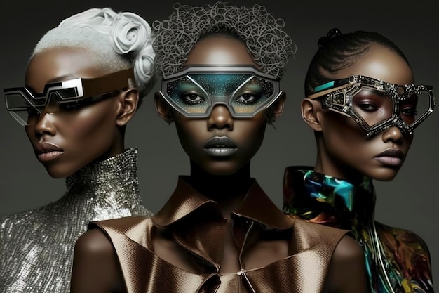 Persone alla moda di tutte le razze vestite con abiti espressionisti di haute couture e occhiali futuristici che possono visualizzare il futuro AIGenerated