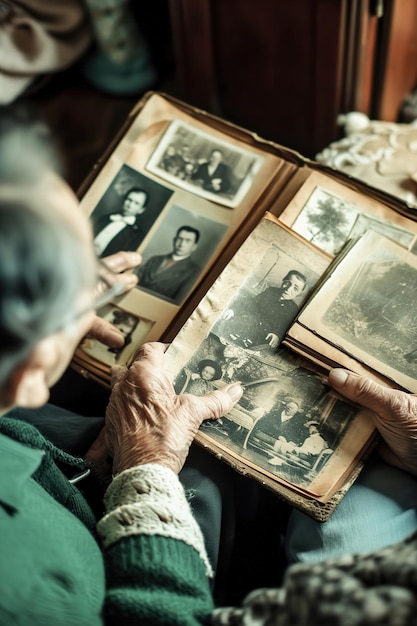Persone anziane che sfogliano vecchi album fotografici Gioia e nostalgia condividono i loro ricordi sottolineando fa