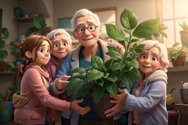 Persone anziane e bambini in possesso di piante