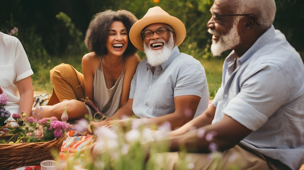 Persone anziane felici e diverse sedute su una coperta e che fanno picnic in giardino