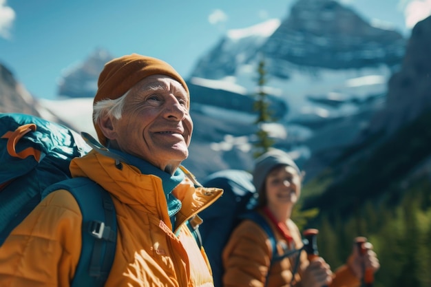 Persone anziane mature attive che fanno escursioni in montagna