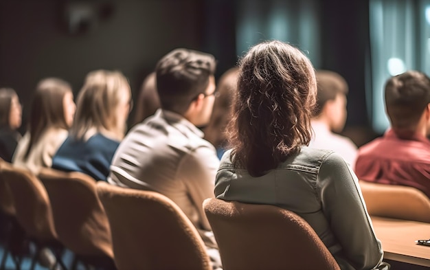 Persone che ascoltano una conferenza in una sala riunioni Pubblico di studenti o lavoratori Ia generativa