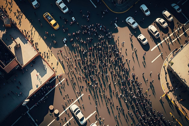 Persone che camminano in città vista aerea della strada Folla che protesta creato con intelligenza artificiale generativa