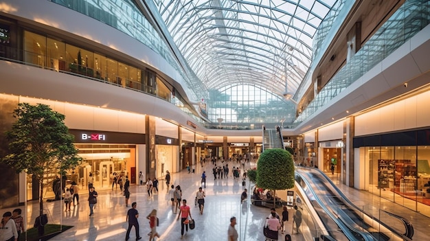 Persone che camminano in un centro commerciale con un tetto di vetro e un lucernario ai generativo