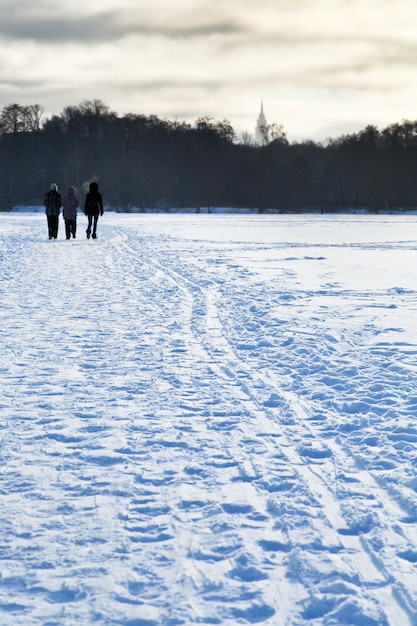 Persone che camminano nella sera d'inverno