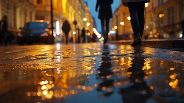 Persone che camminano sulla strada bagnata di notte quando i lampioni illuminano la notte