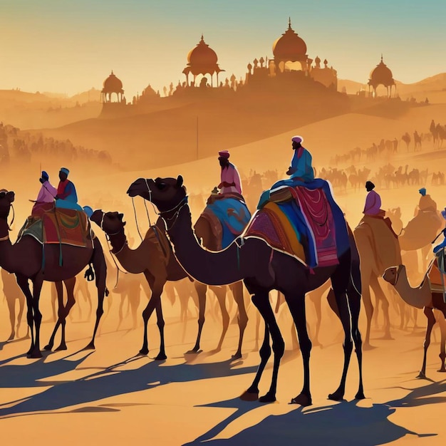 Persone che cavalcano cammelli attraverso il vasto paesaggio desertico
